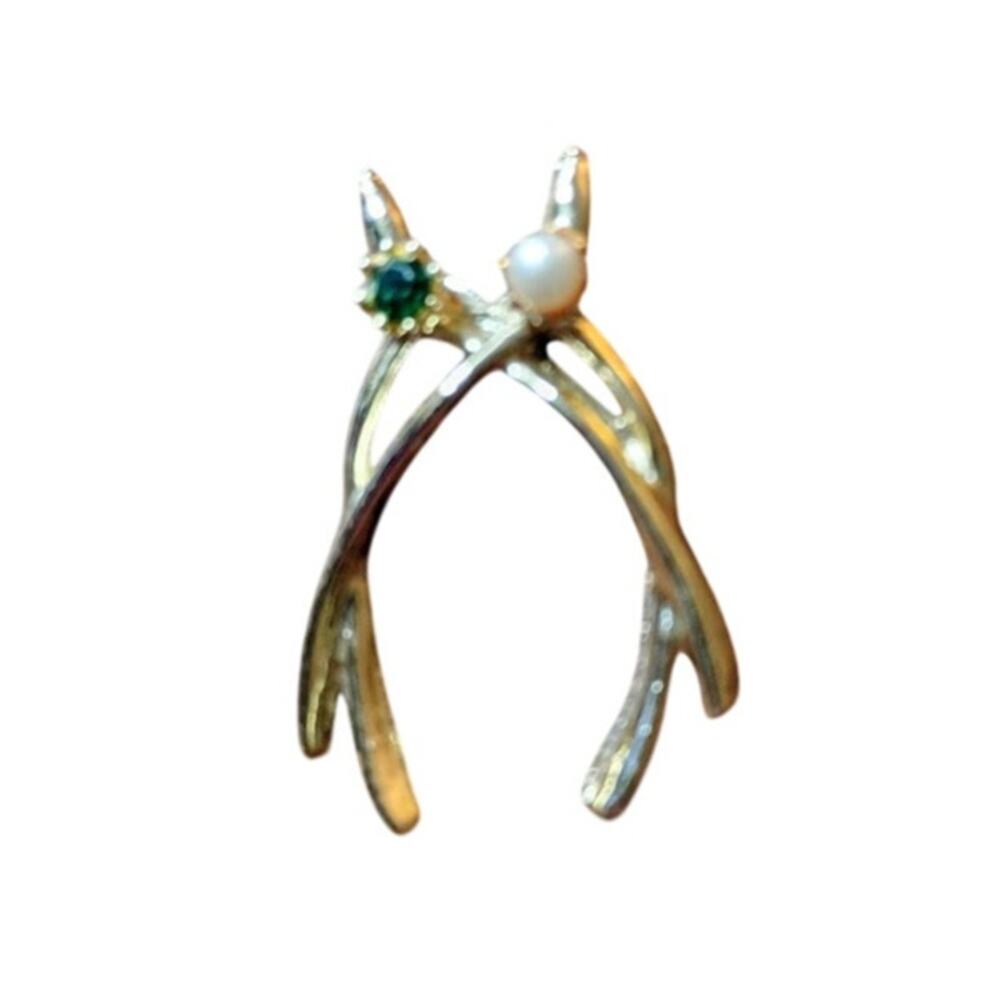 Vintage Wishbone Brooch Pin Gold-Tone Faux Pearl Green Rhinestone